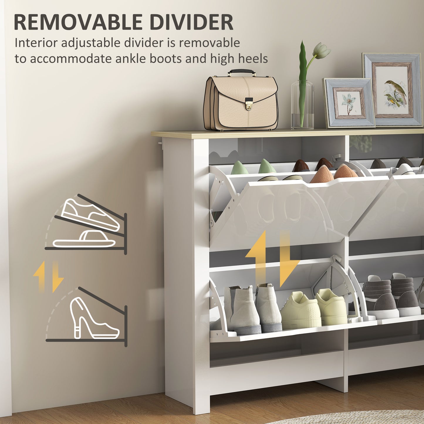 16-Shoe Storage Cabinet 4 Shelves 4 Drawers Tabletop White