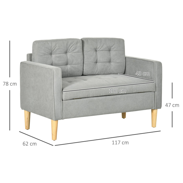 Modern 2 Seater Sofa with Hidden Storage, 117cm Tufted Cotton Couch, Compact Loveseat Sofa with Wood Legs, Grey