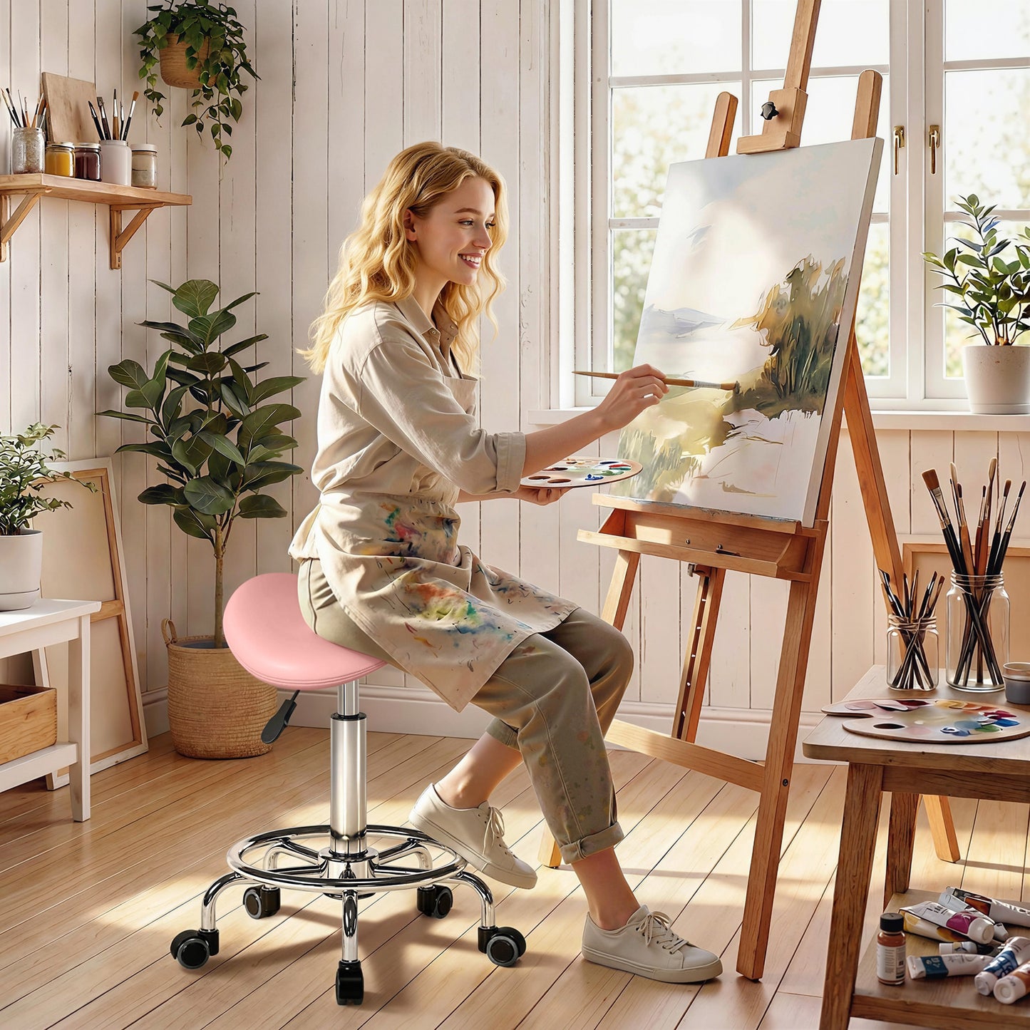 Saddle Chair, Rolling Salon Stool for Massage Spa, Pink