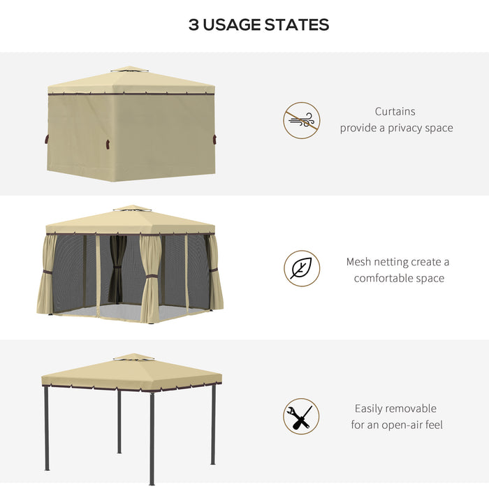 3 x 3(m) Garden Gazebo Pavilion Tent Shelter with 2 Tier Water Repellent Roof, Mosquito Netting and Curtains, Aluminium Frame, Beige