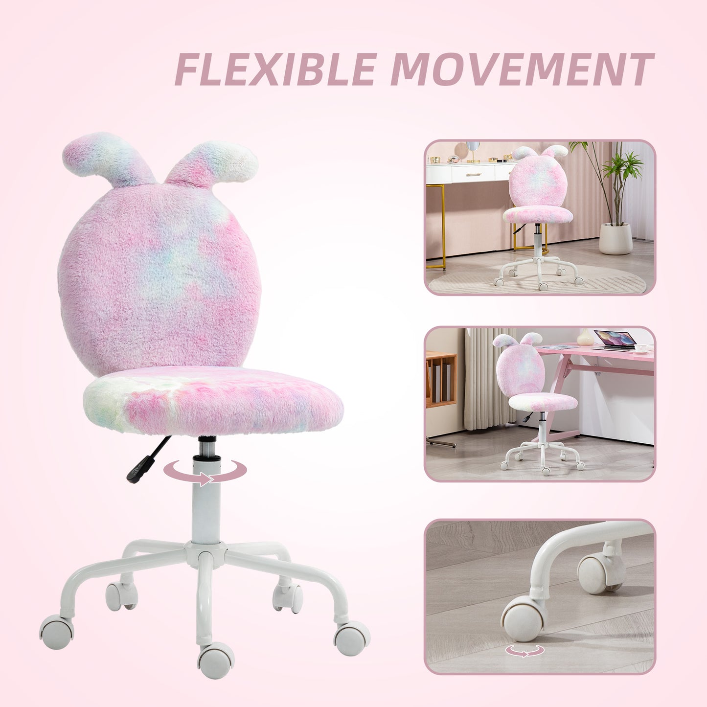 Armless Desk Chair Bunny Vanity Chair with Swivel Wheels Colourful