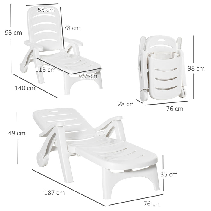 2PCs Outdoor Folding Sun Lounger Recliner on Wheels w/ 5-Position Backrest, White