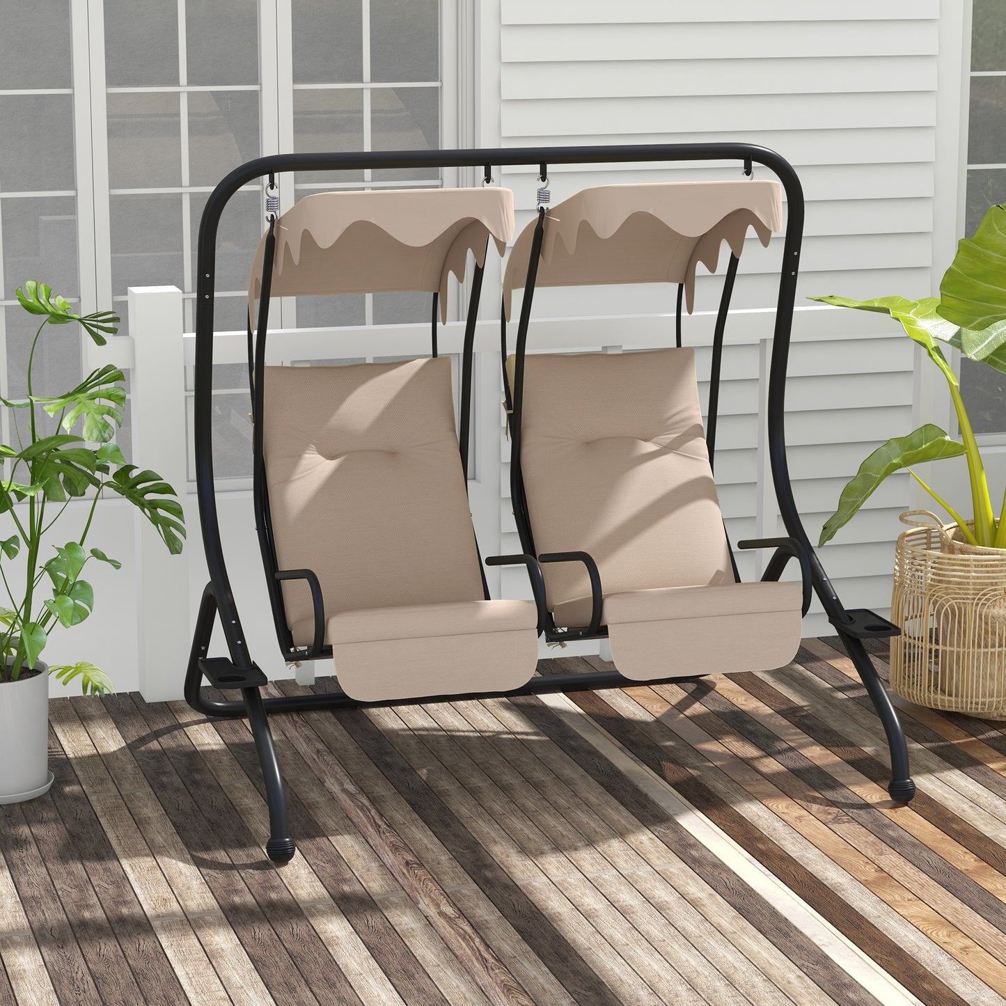 Canopy Swing 2 Separate Relax Chairs w/ Handrails, Cup Holders Beige