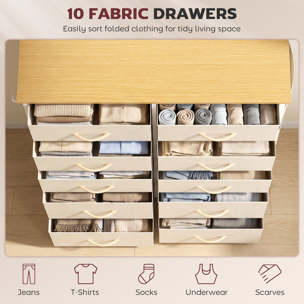 Fabric Chest of Drawers, 10 Drawer Dresser for Bedroom, Beige