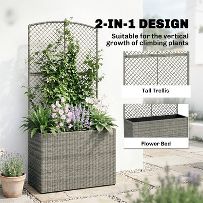 Garden Planter with Trellis, Rattan Raised Beds for Garden with Liner, Freestanding Outdoor Planter Box for Climbing Plants, Herbs, Vegetables, Flowers, 80 x 30 x 163 cm, Dark Grey