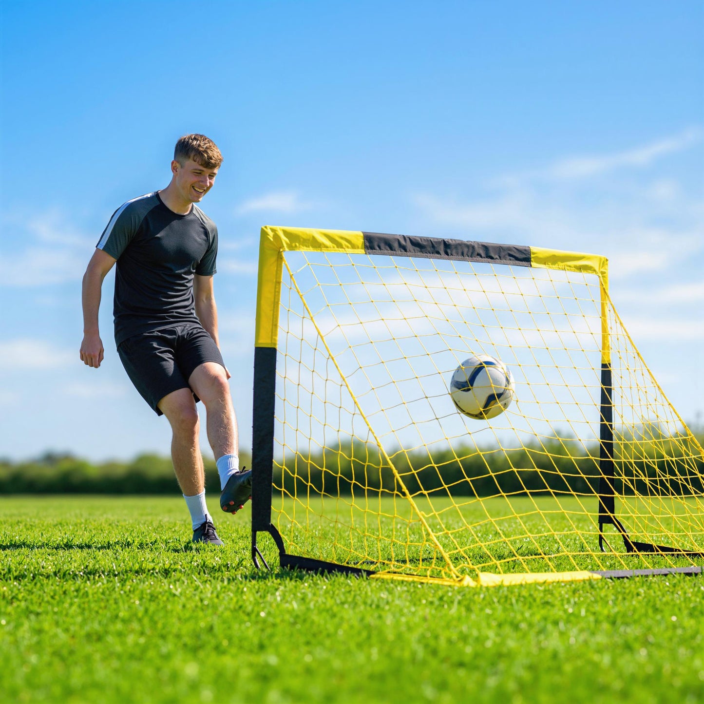 Pop Up Football Goal, 5 x 3.5ft Portable Folding Football Net with Carry Bag, 4 U-Shaped Ground Stakes, Fibreglass Pole, Training Equipment for Indoor and Outdoor Use, Easy Setup
