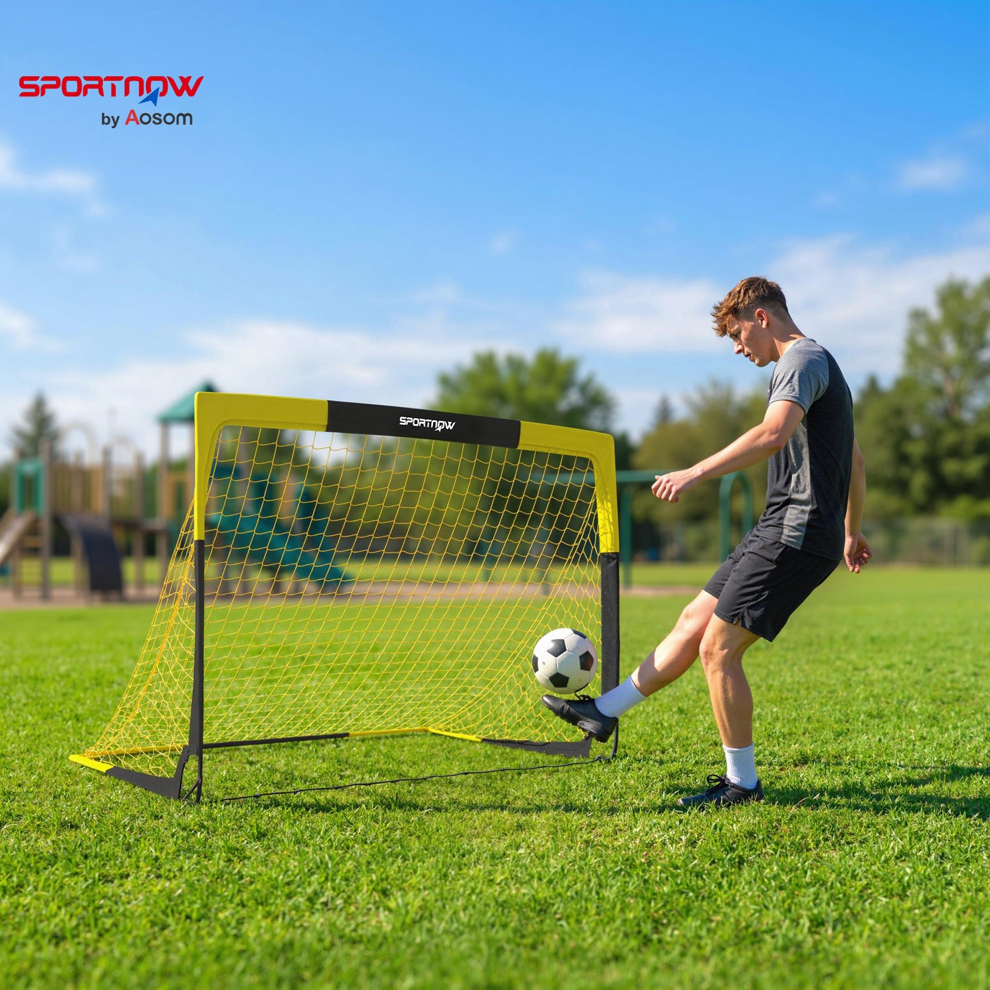 Pop Up Football Goal, 5 x 3.5ft Portable Folding Football Net with Carry Bag, 4 U-Shaped Ground Stakes, Fibreglass Pole, Training Equipment for Indoor and Outdoor Use, Easy Setup