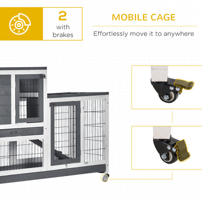 Wooden Indoor Rabbit Hutch Guinea Pig House Bunny Small Animal Cage W/ Wheels Enclosed Run 110 x 50 x 86 cm, Grey