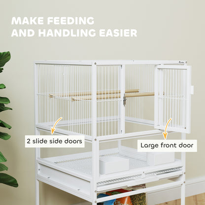 Bird Cage Parrot Cage with Rolling Stand Acrylic Viewing Panels White