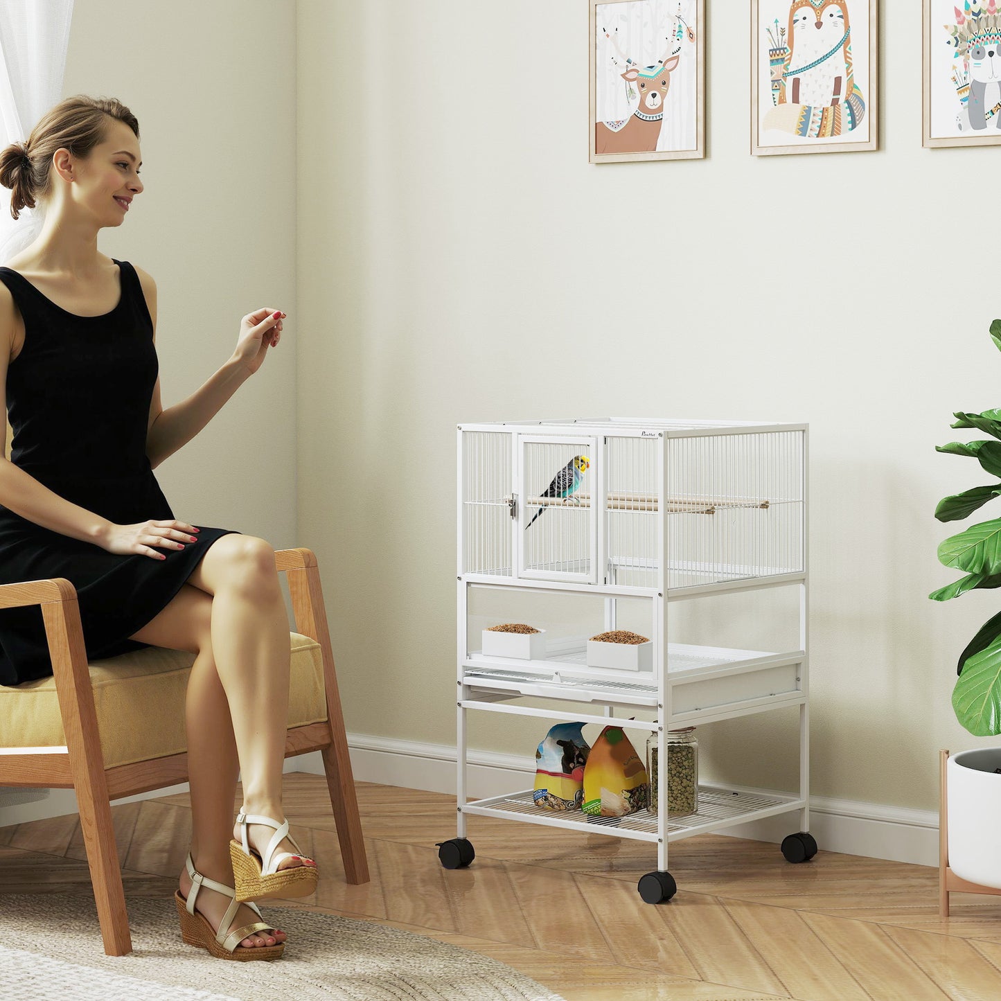 Bird Cage Parrot Cage with Rolling Stand Acrylic Viewing Panels White