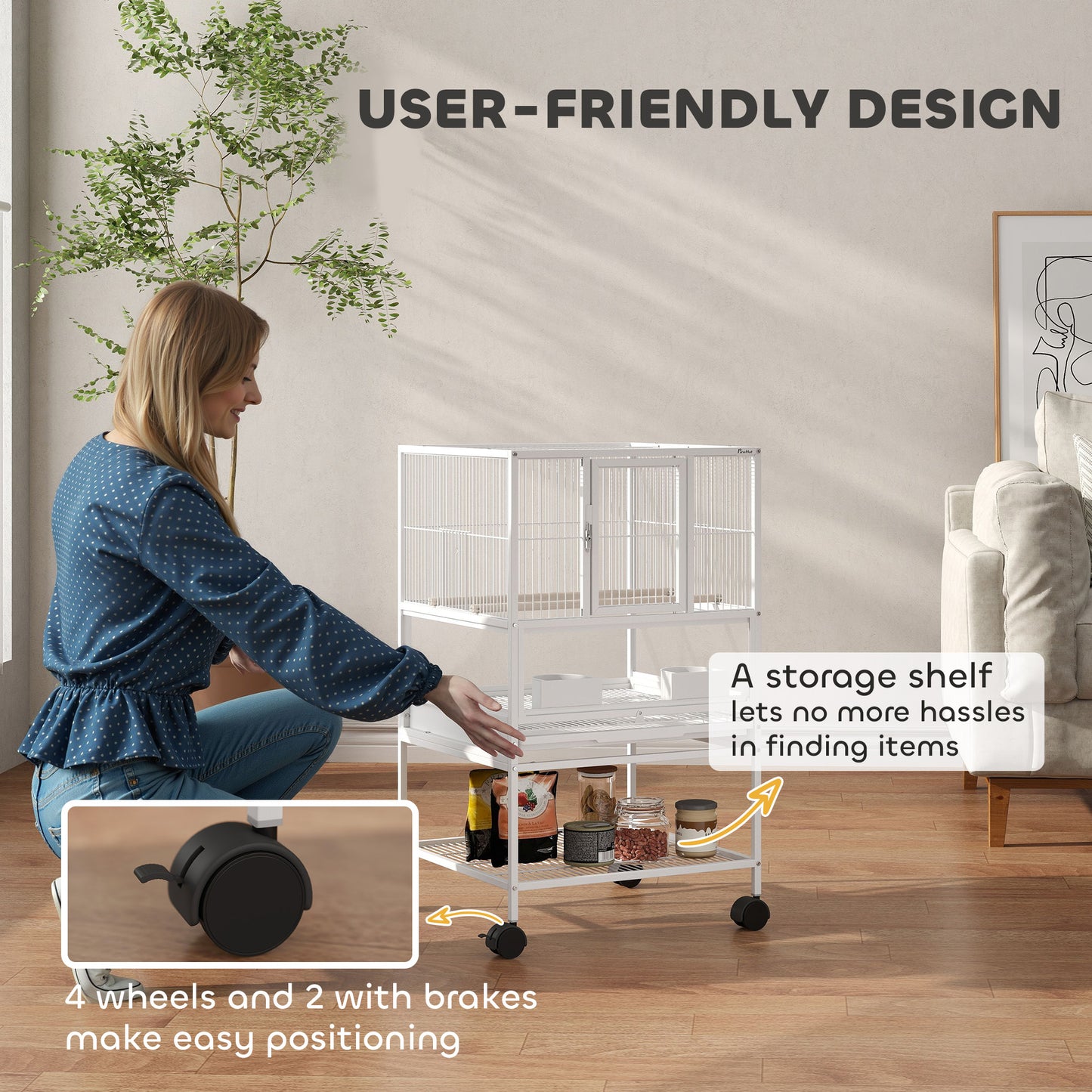 Bird Cage Parrot Cage with Rolling Stand Acrylic Viewing Panels White