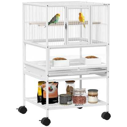 Bird Cage Parrot Cage with Rolling Stand Acrylic Viewing Panels White