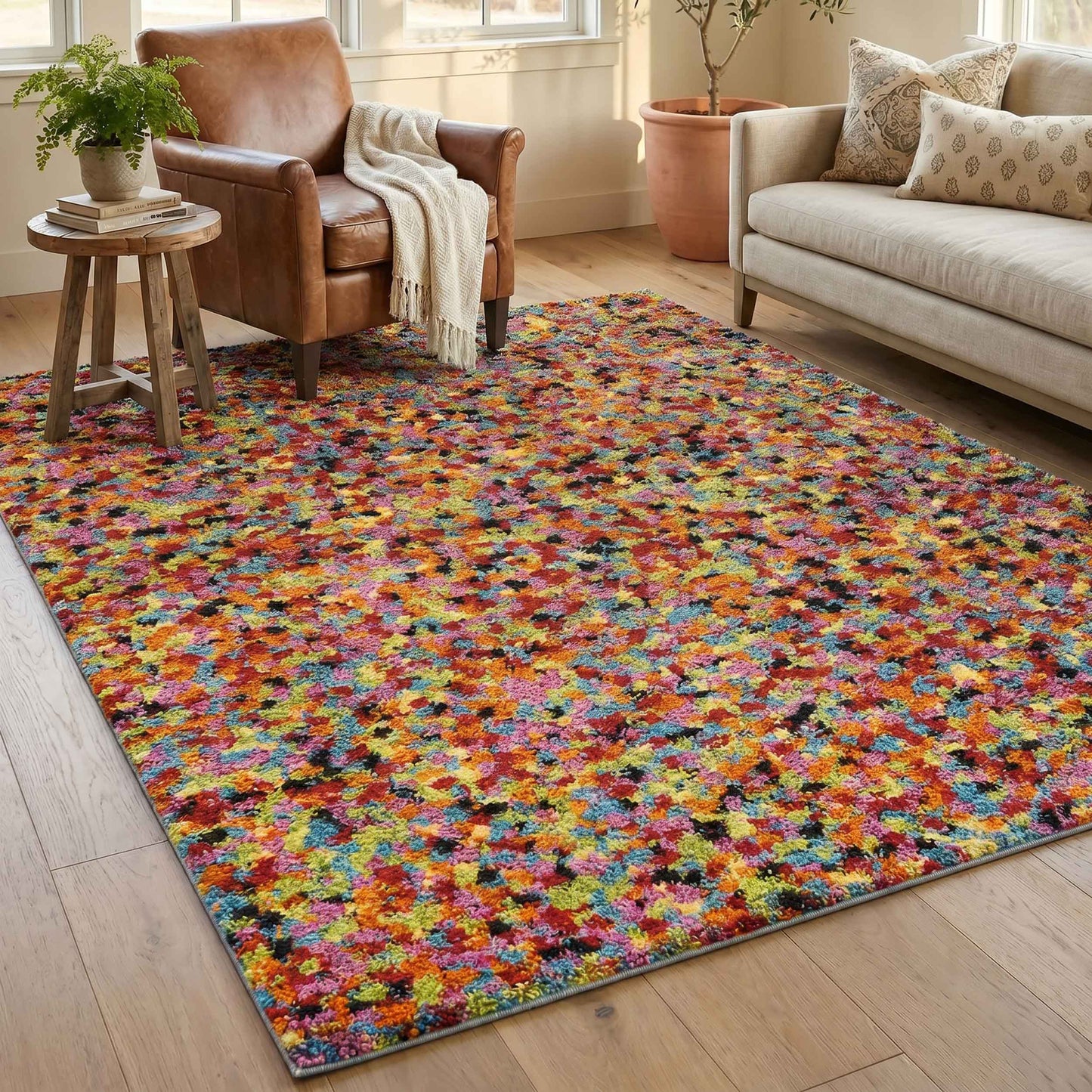 Rio Pixel Modern Geometric Abstract Shaggy Area Rug Multi Colour
