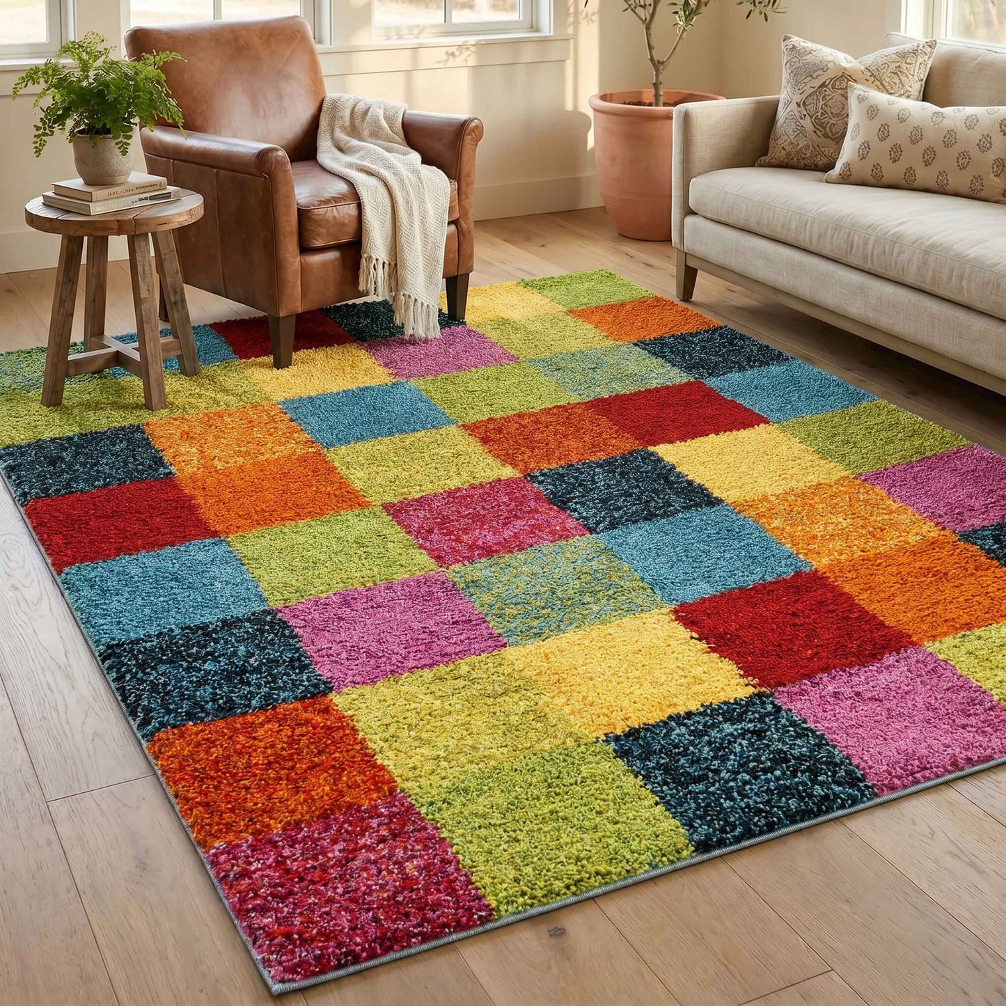 Rio Rubix Modern Geometric Abstract Shaggy Area Rug Multi Colour