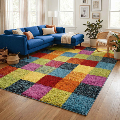 Rio Rubix Modern Geometric Abstract Shaggy Area Rug Multi Colour