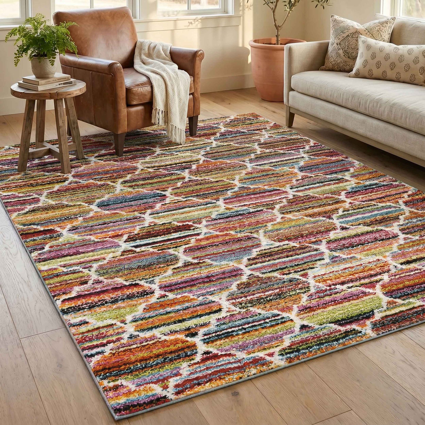 Rio Trellis Modern Geometric Abstract Shaggy Area Rug Multi Colour