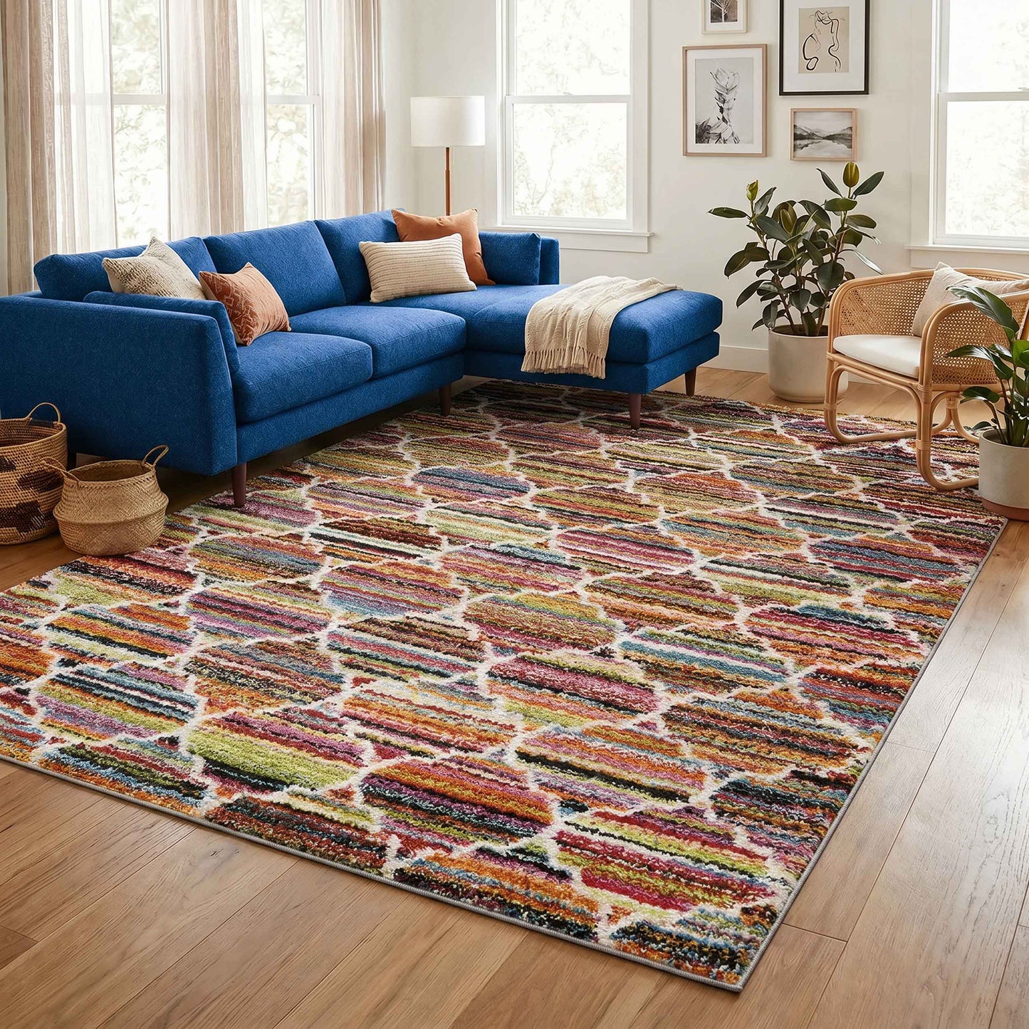 Rio Trellis Modern Geometric Abstract Shaggy Area Rug Multi Colour