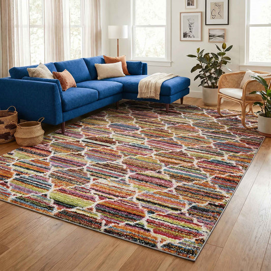 Rio Trellis Modern Geometric Abstract Shaggy Area Rug Multi Colour