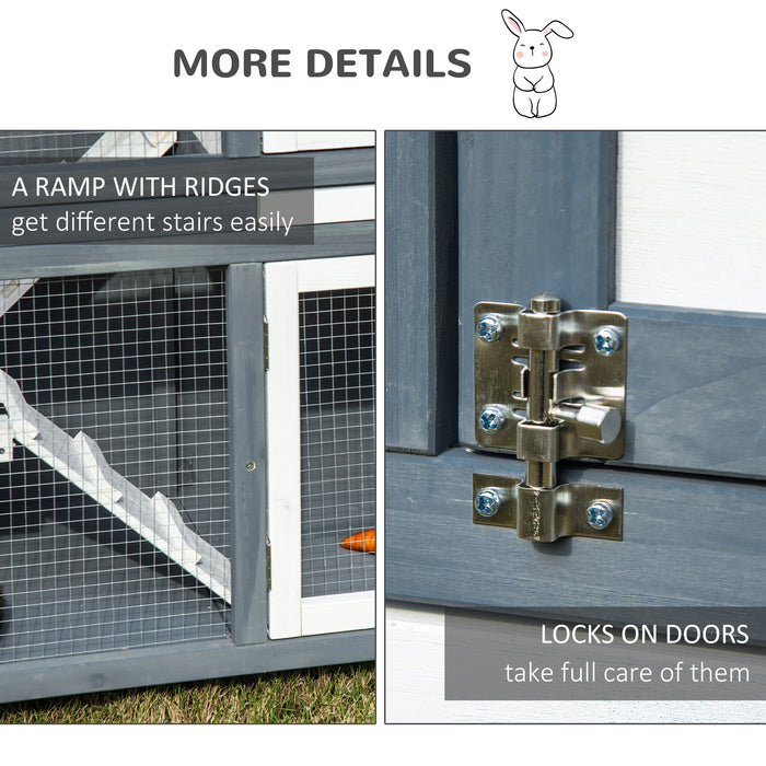 Two-Tier Wooden Rabbit Hutch Guinea Pig Cage w/ Openable Roof, Slide-Out Tray, Ramp - Grey