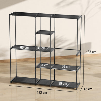 Portable Wardrobe, Open Clothes Wardrobe with 8 Shelves, 3 Hanging Rails, Freestanding Coat Rack Organiser, 182 x 43 x 185cm, Black