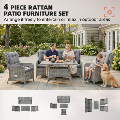 4 Piece Rattan Garden Furniture Set with Cushions, Grey