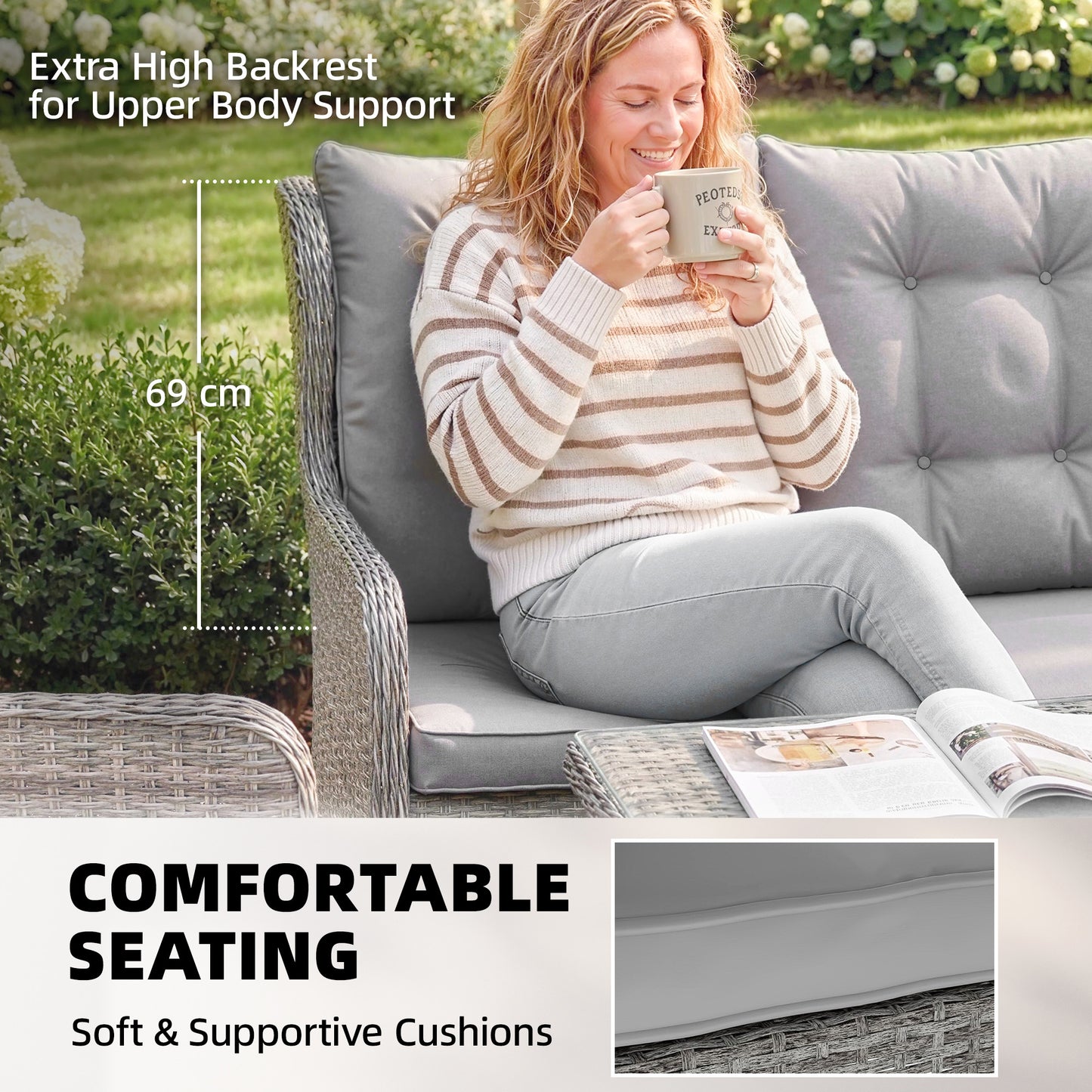 4 Piece Rattan Garden Furniture Set with Cushions, Grey