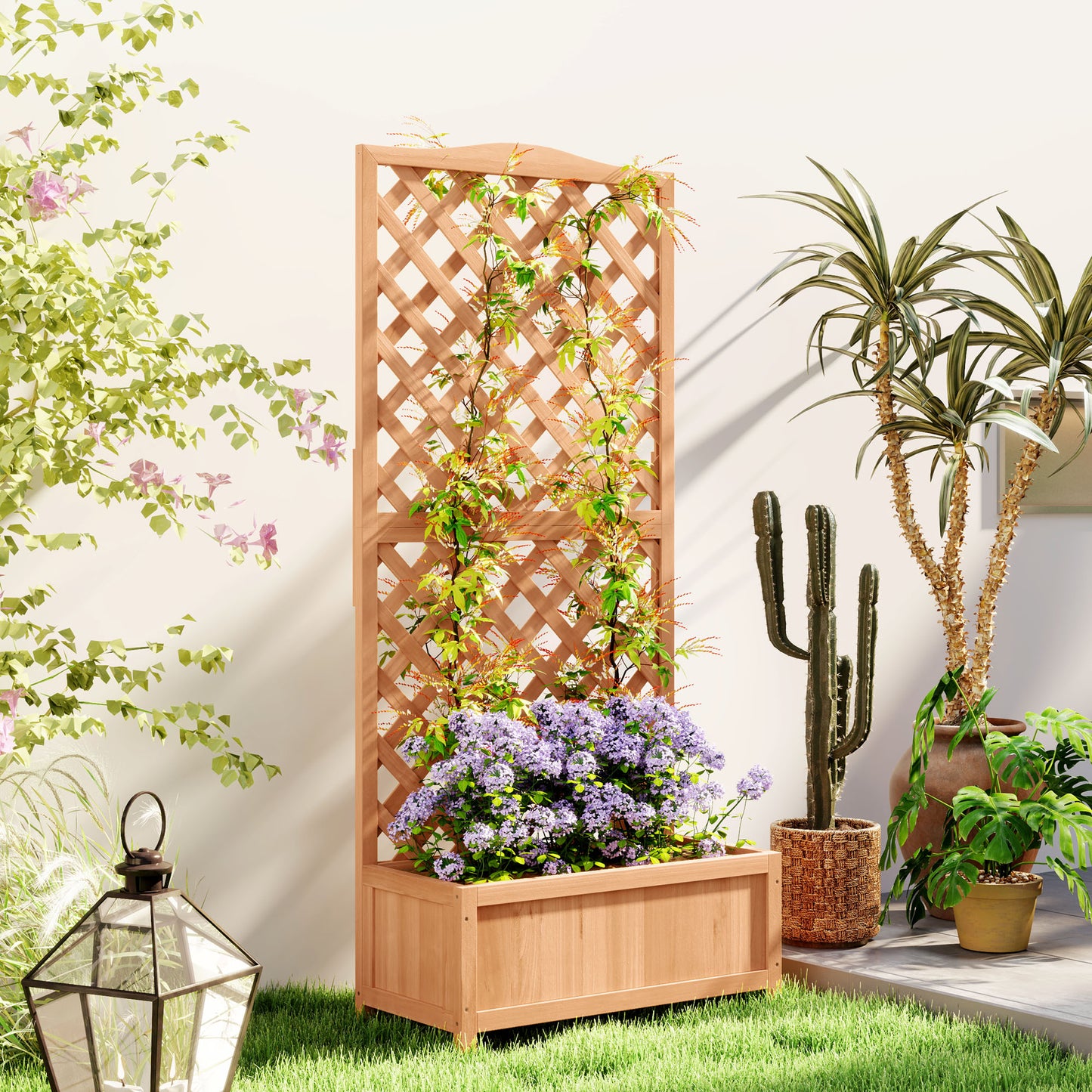 Garden Wooden Planter Box with Trellis Flower Raised Bed Brown