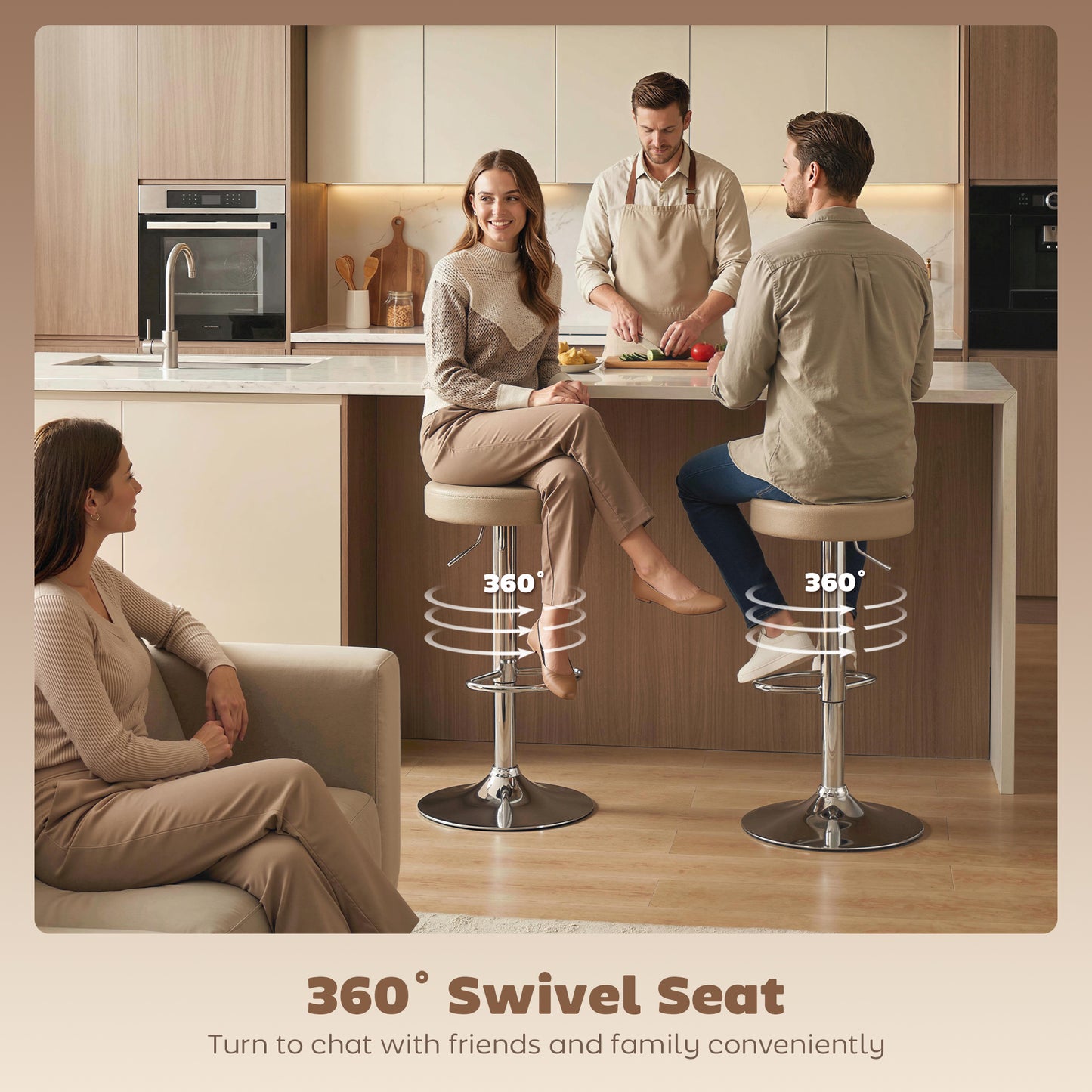 Bar Stools Set of 2, Height Adjustable Breakfast Bar Chairs, Brown
