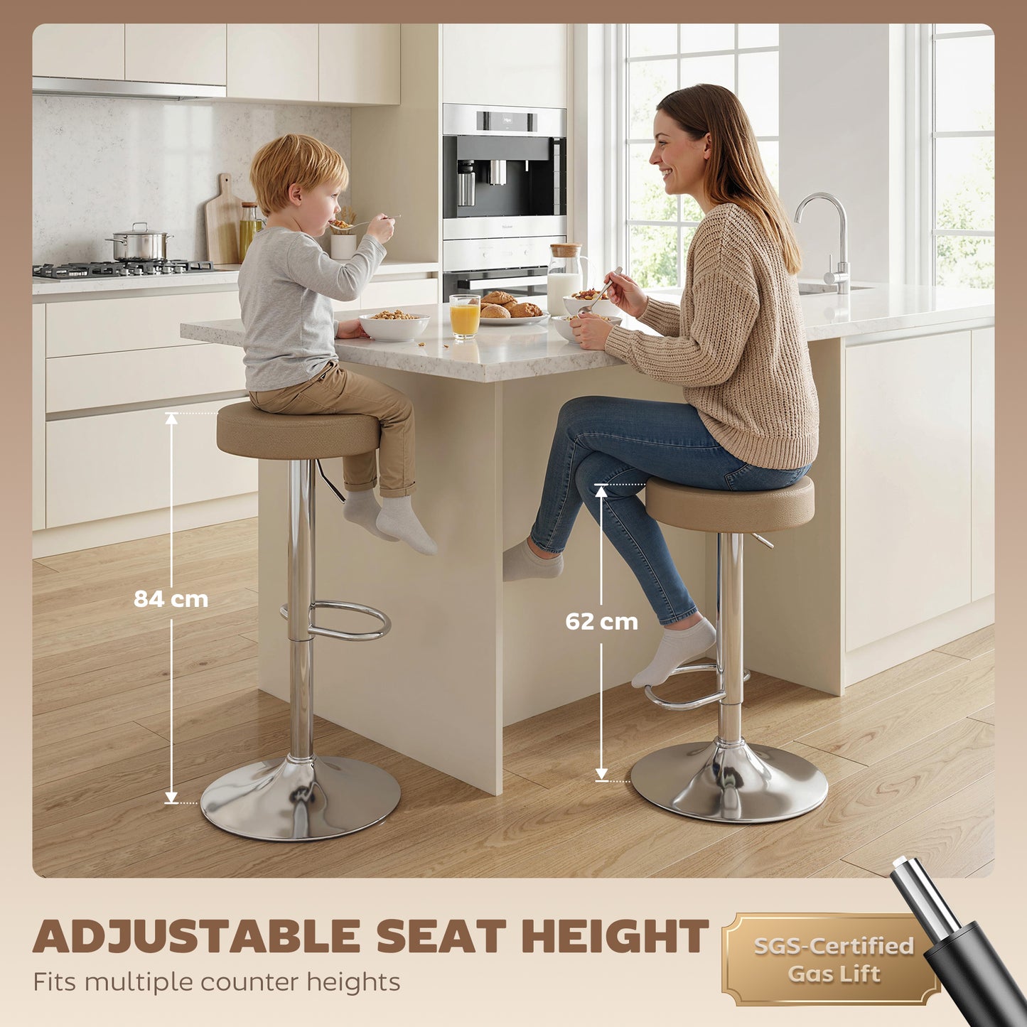 Bar Stools Set of 2, Height Adjustable Breakfast Bar Chairs, Brown