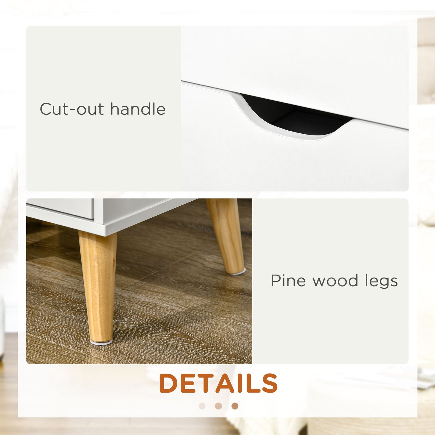 Bedside Table with Drawer, Side Table with Pine Wood Legs, White