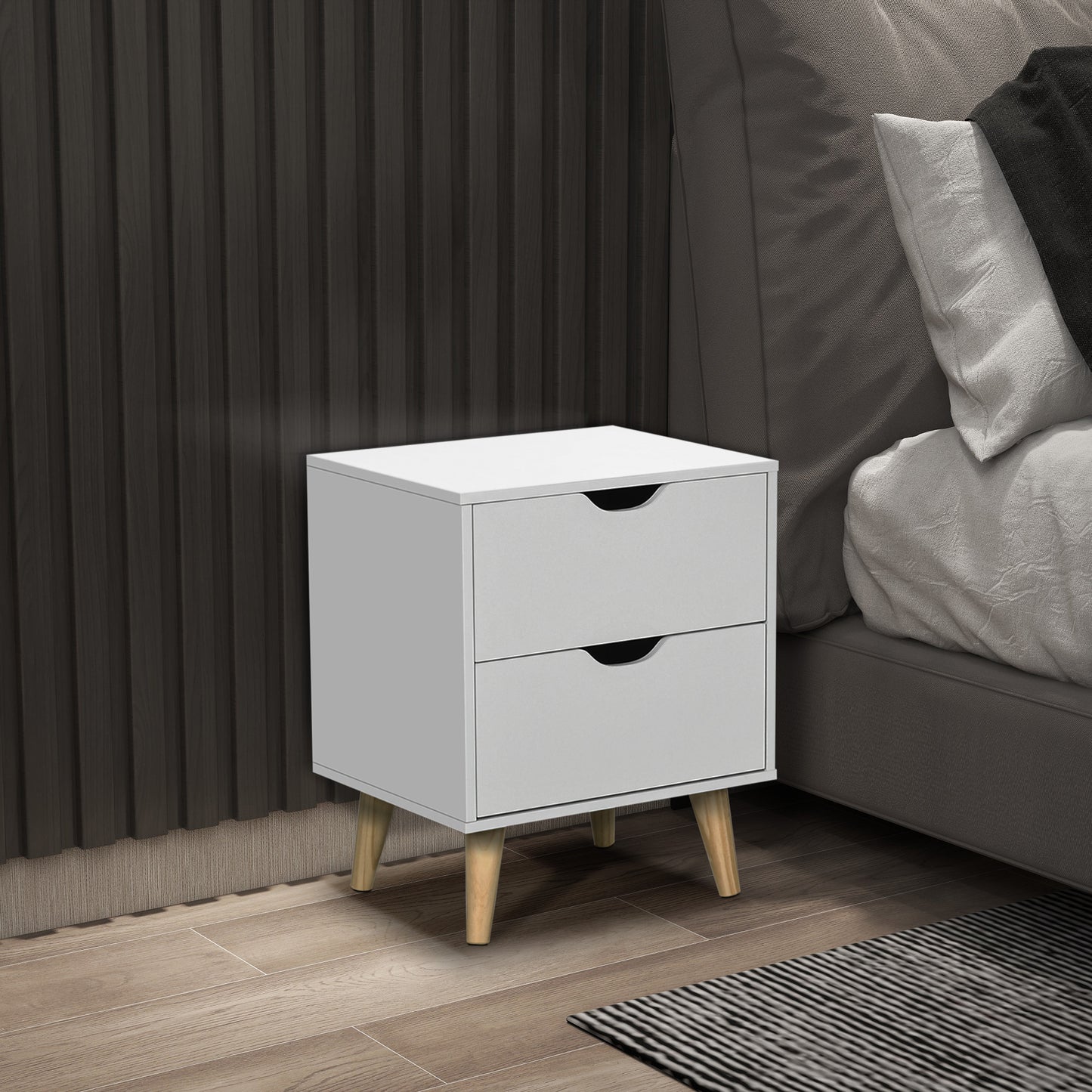 Bedside Table with Drawer, Side Table with Pine Wood Legs, White