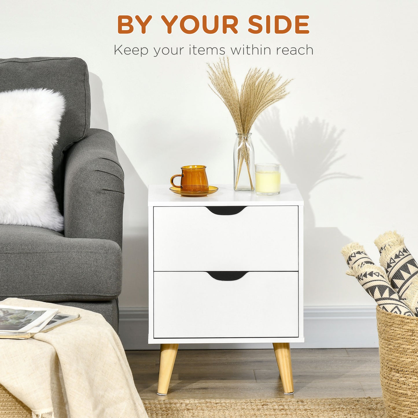Bedside Table with Drawer, Side Table with Pine Wood Legs, White