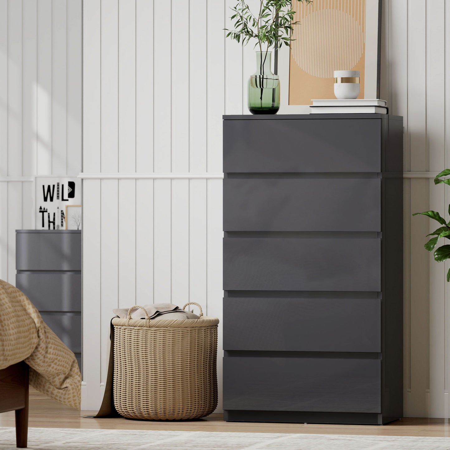 Bedroom Chest of Drawers, 5 Drawers Dresser, Drawer Unit, Grey
