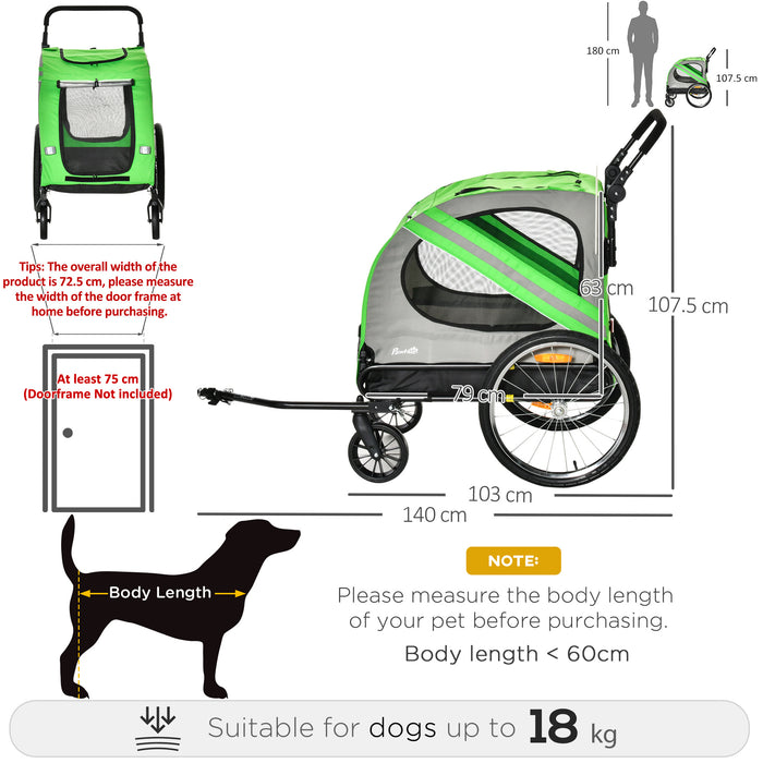 Dog Bike Trailer 2-in-1 Pet Stroller Cart Bicycle Carrier Attachment for Travel in steel frame with Universal Wheel Reflectors Flag Green