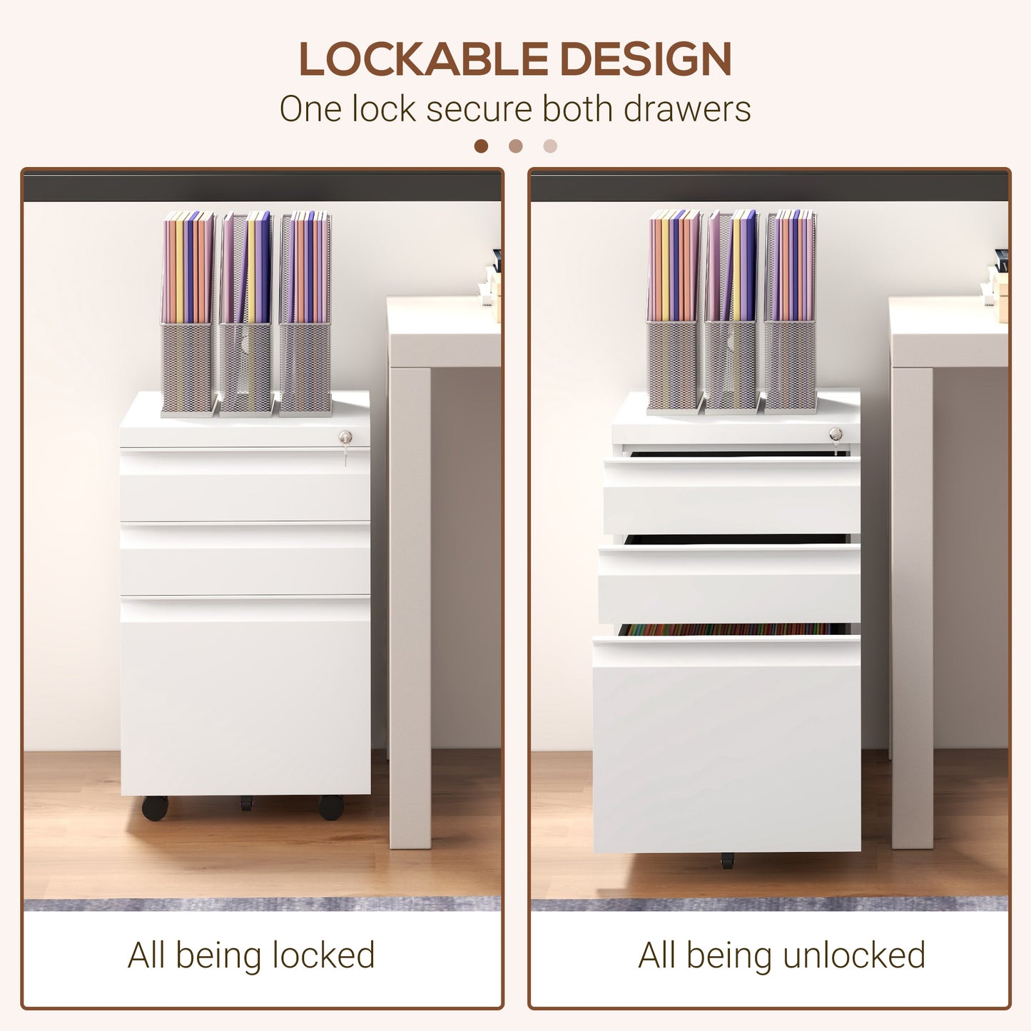 Filing Cabinet with Lock and Hanging Bar for Letter A4 Legal, White
