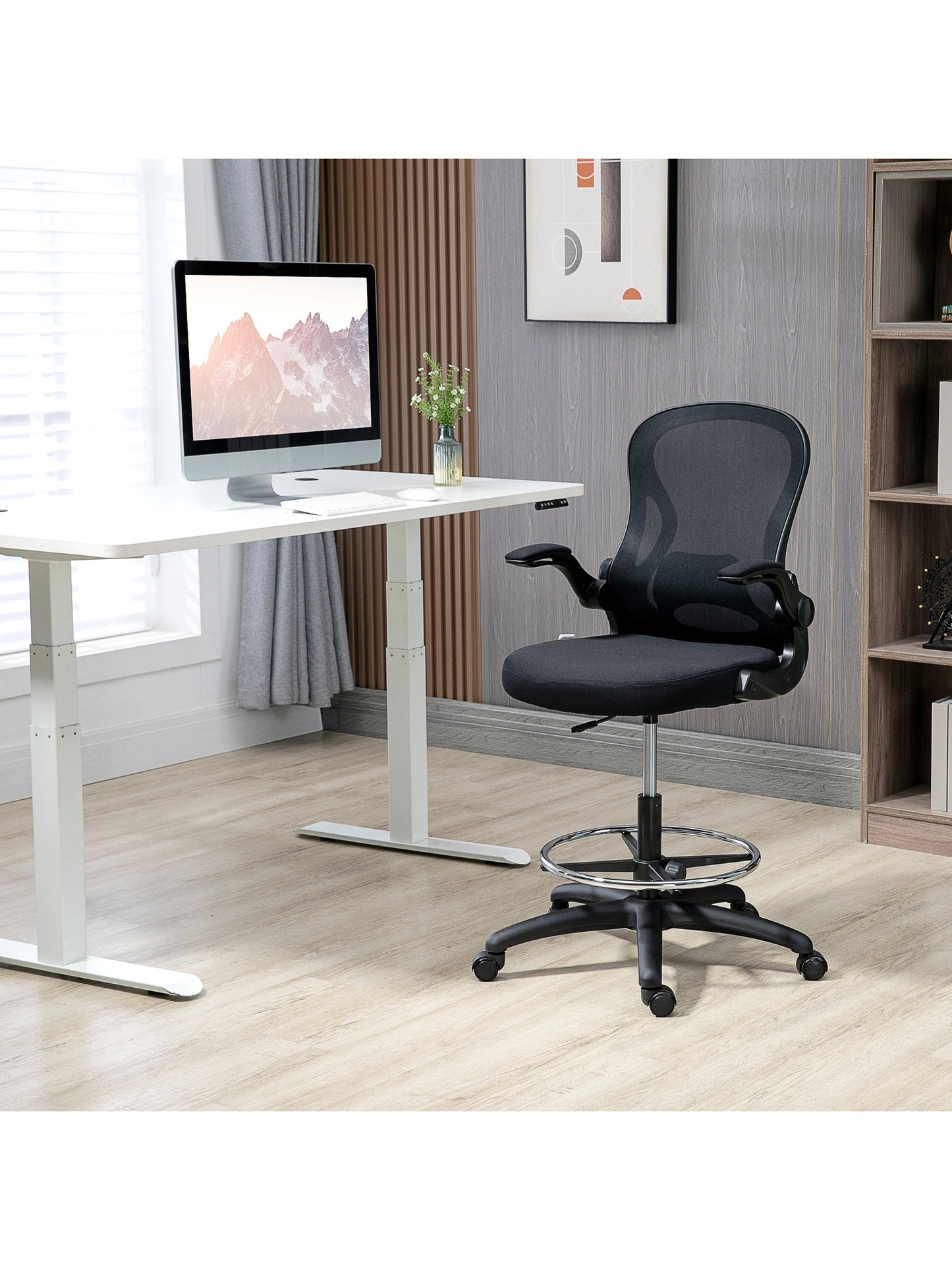 Vinsetto Draughtsman Chair Mesh Chair w/ Adjustable Footrest Ring, Black
