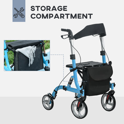 4 Wheel Rollator with Seat and Back, Lightweight Folding Mobility Walker with Large Wheels, Carry Bag, Adjustable Height,  - Blue