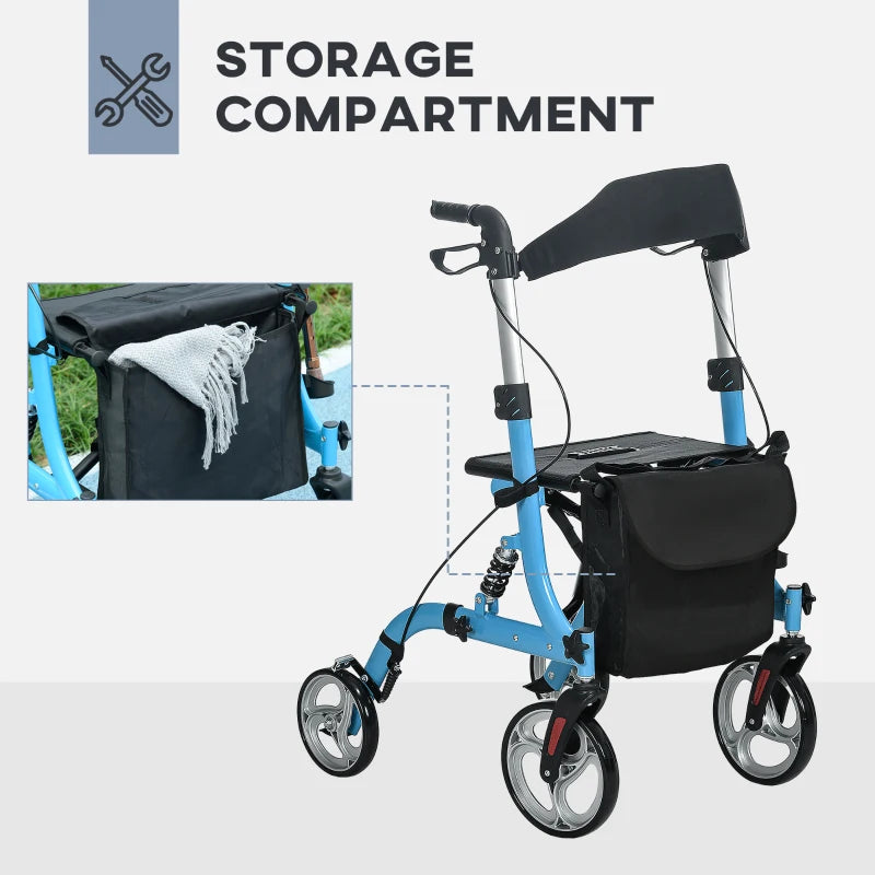 4 Wheel Rollator with Seat and Back, Lightweight Folding Mobility Walker with Large Wheels, Carry Bag, Adjustable Height,  - Blue