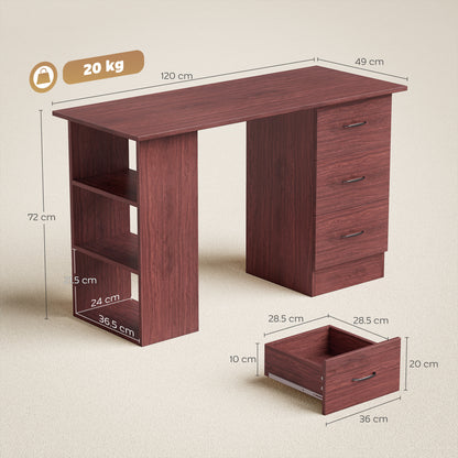 120cm PC Table Workstation Computer Desk w/ Drawers, 3 Shelves Walnut