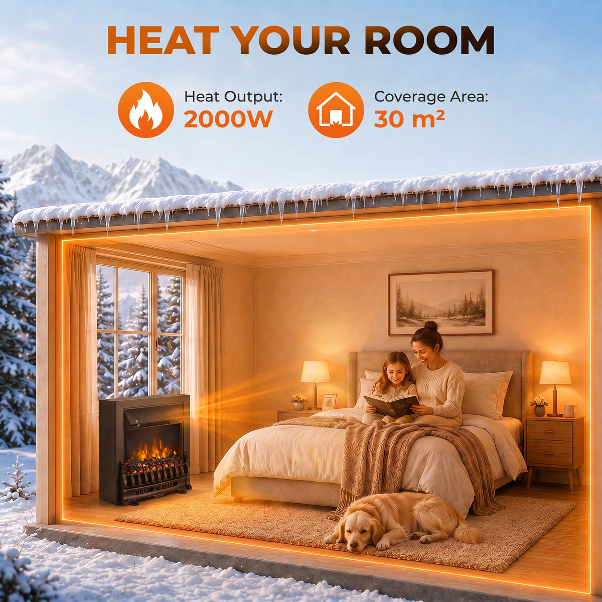 2000W Freestanding or Inset Electric Fire with Coal Effect - Matt Black