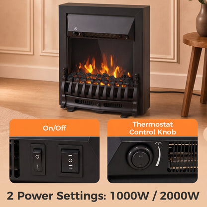 2000W Freestanding or Inset Electric Fire with Coal Effect - Matt Black