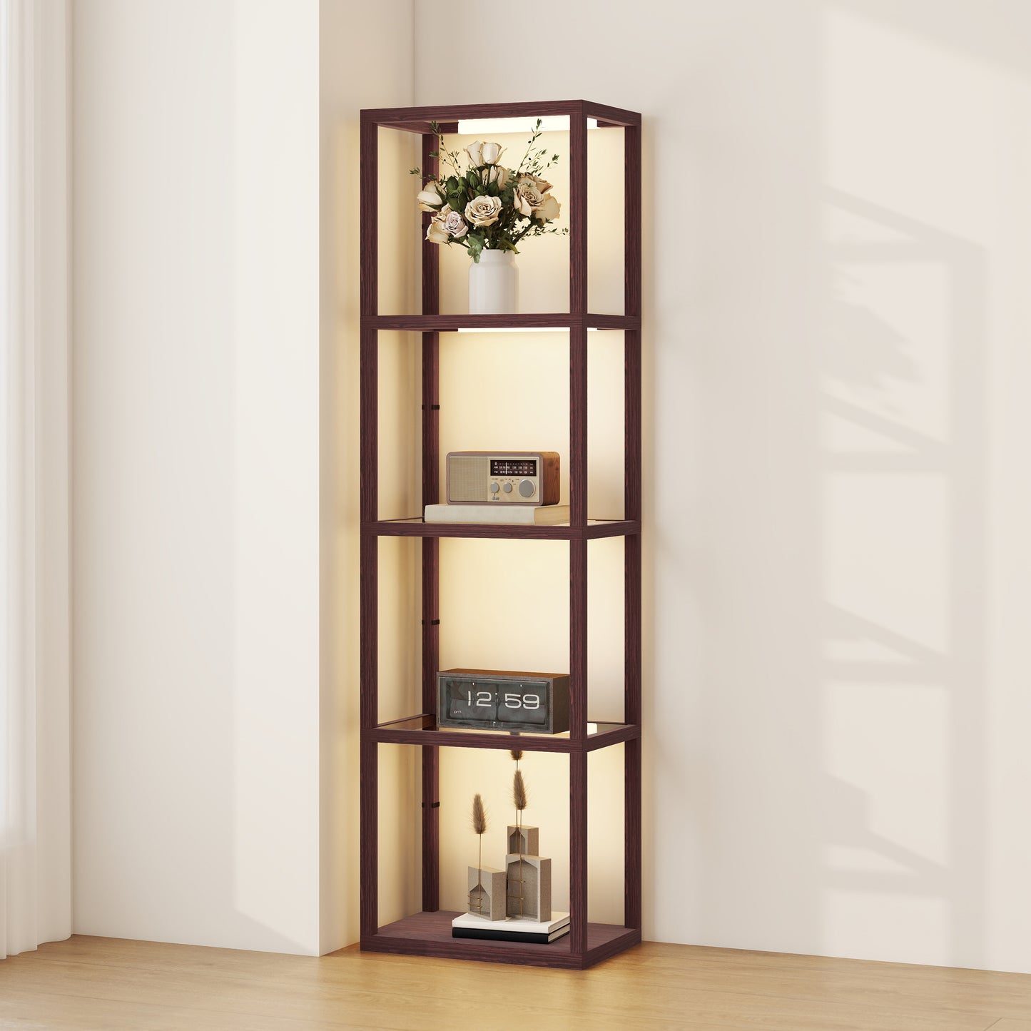 LED Floor Lamp with Glass Shelves, Dimmable Living Room Lamp, Brown