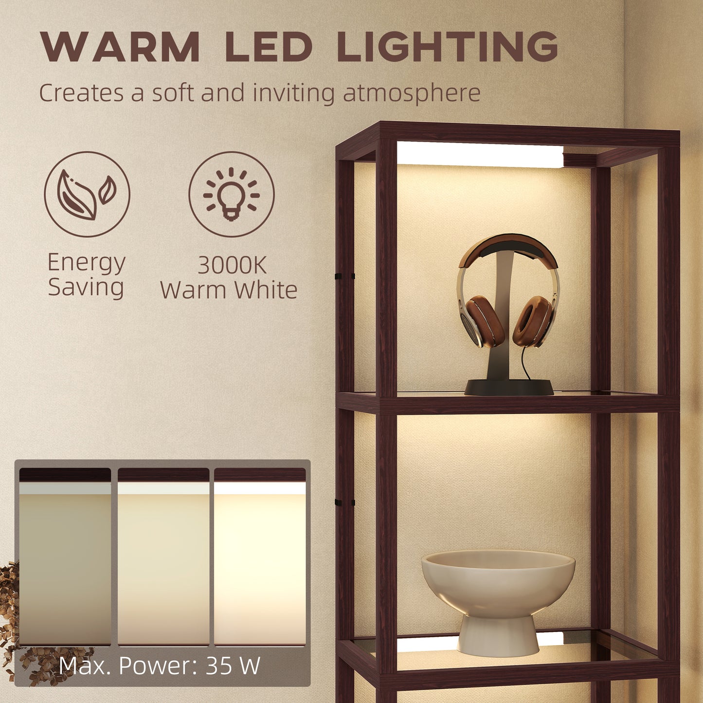 LED Floor Lamp with Glass Shelves, Dimmable Living Room Lamp, Brown