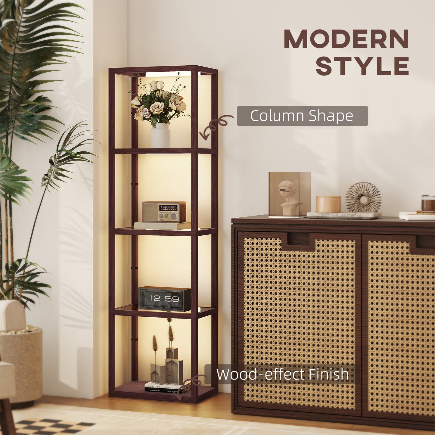 LED Floor Lamp with Glass Shelves, Dimmable Living Room Lamp, Brown