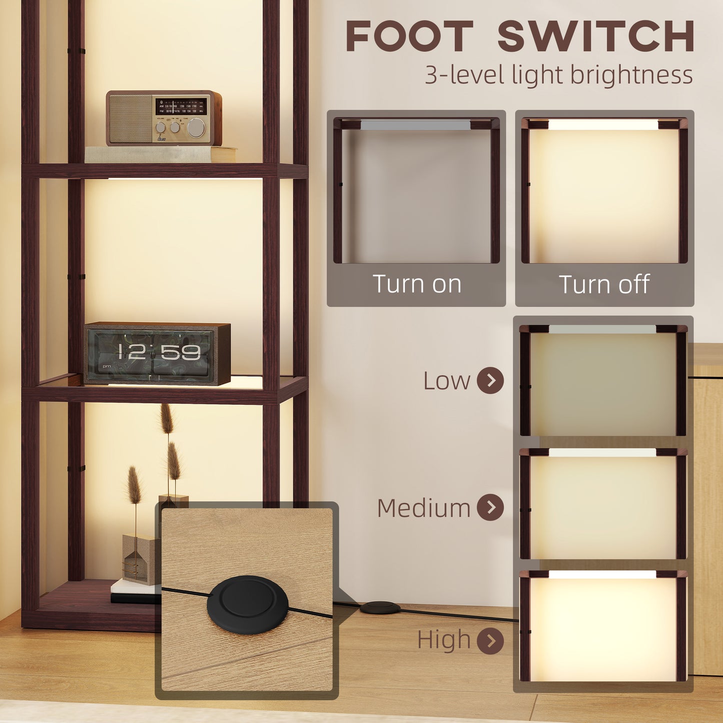 LED Floor Lamp with Glass Shelves, Dimmable Living Room Lamp, Brown