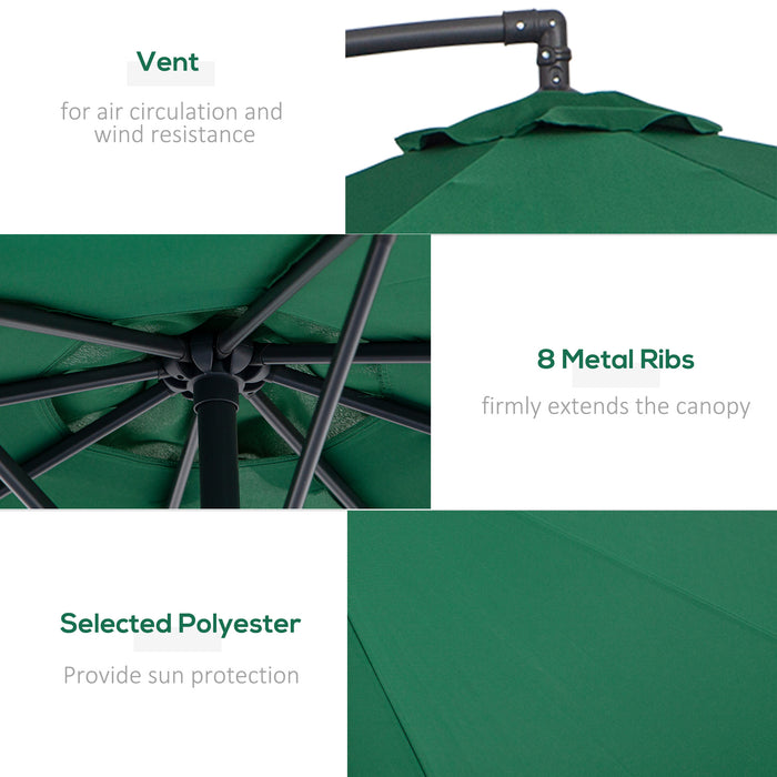 3(m) Garden Banana Parasol Hanging Cantilever Umbrella with Crank Handle and Cross Base for Outdoor, Sun Shade, Green