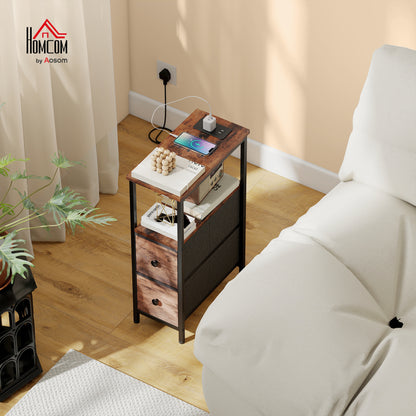Side Table, Narrow Bedside Table with Charging Station, 2 Drawers