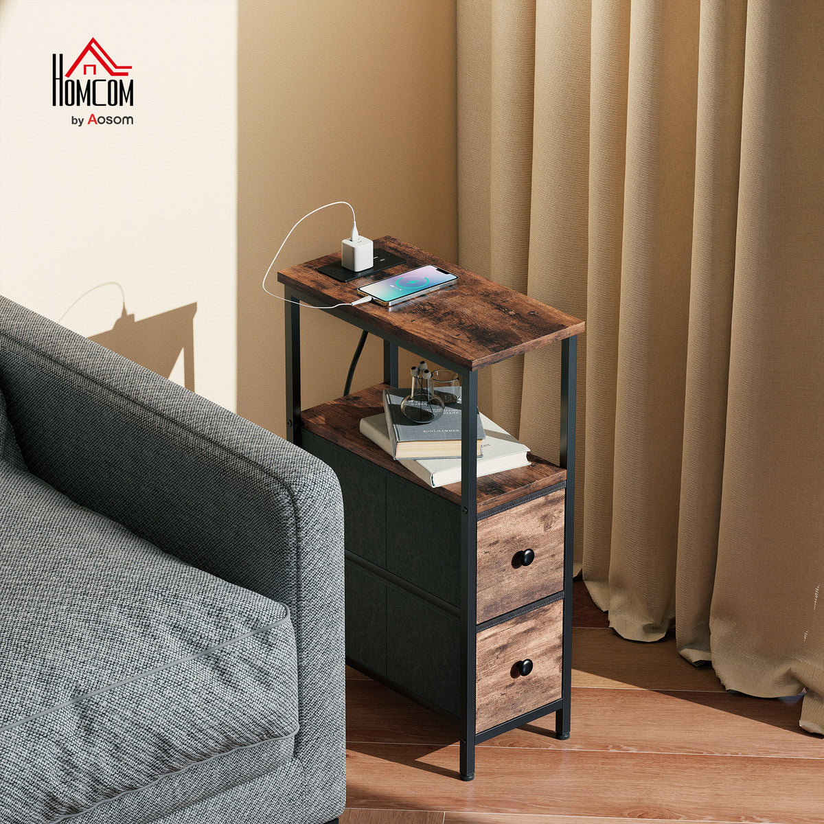 Side Table, Narrow Bedside Table with Charging Station, 2 Drawers