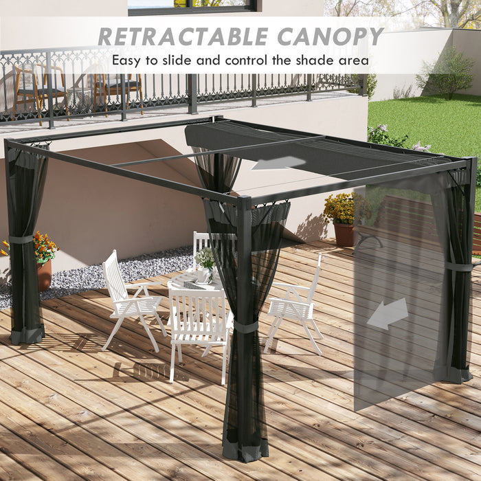 3 x 4m Retractable Pergola, Garden Gazebo Shelter with Nettings, for Grill, Patio, Deck, Grey