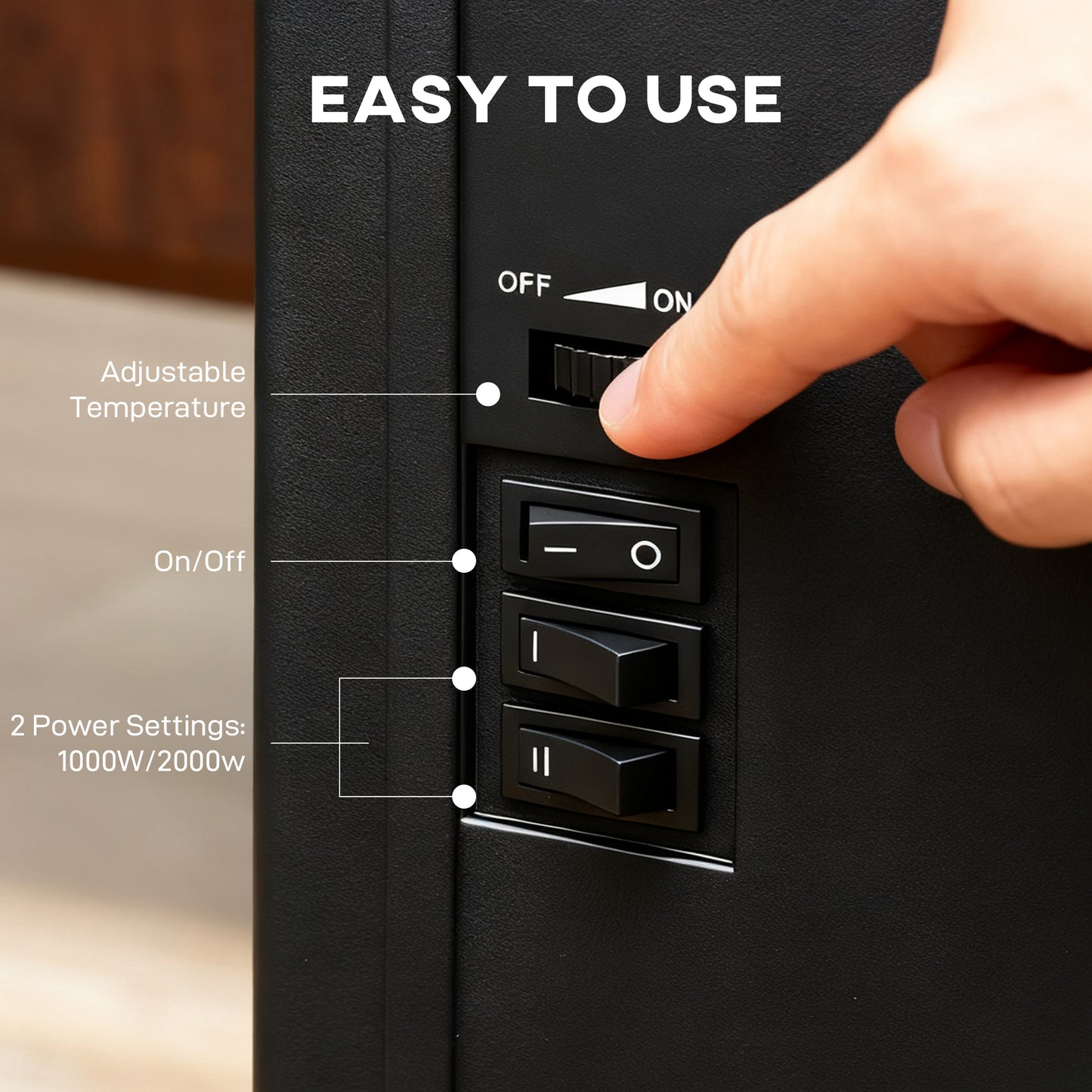 Portable Fireplace with Adjustable Thermostat, 2 Heat Settings, Black